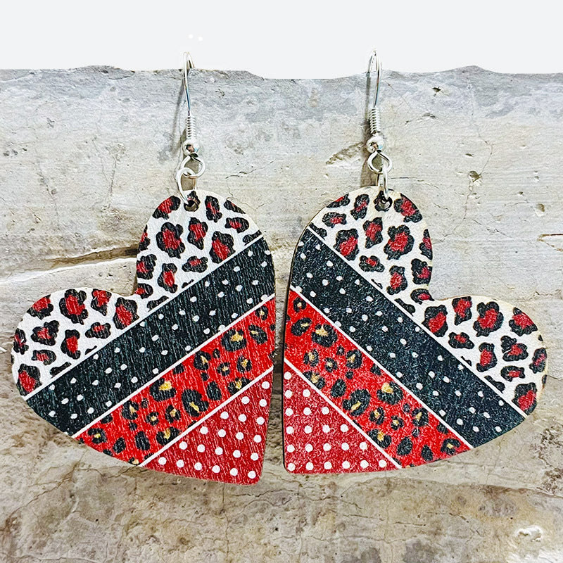 Wholesale 2 Pairs/pack Valentine's Day Hollow Heart Leopard Print Wooden Earrings